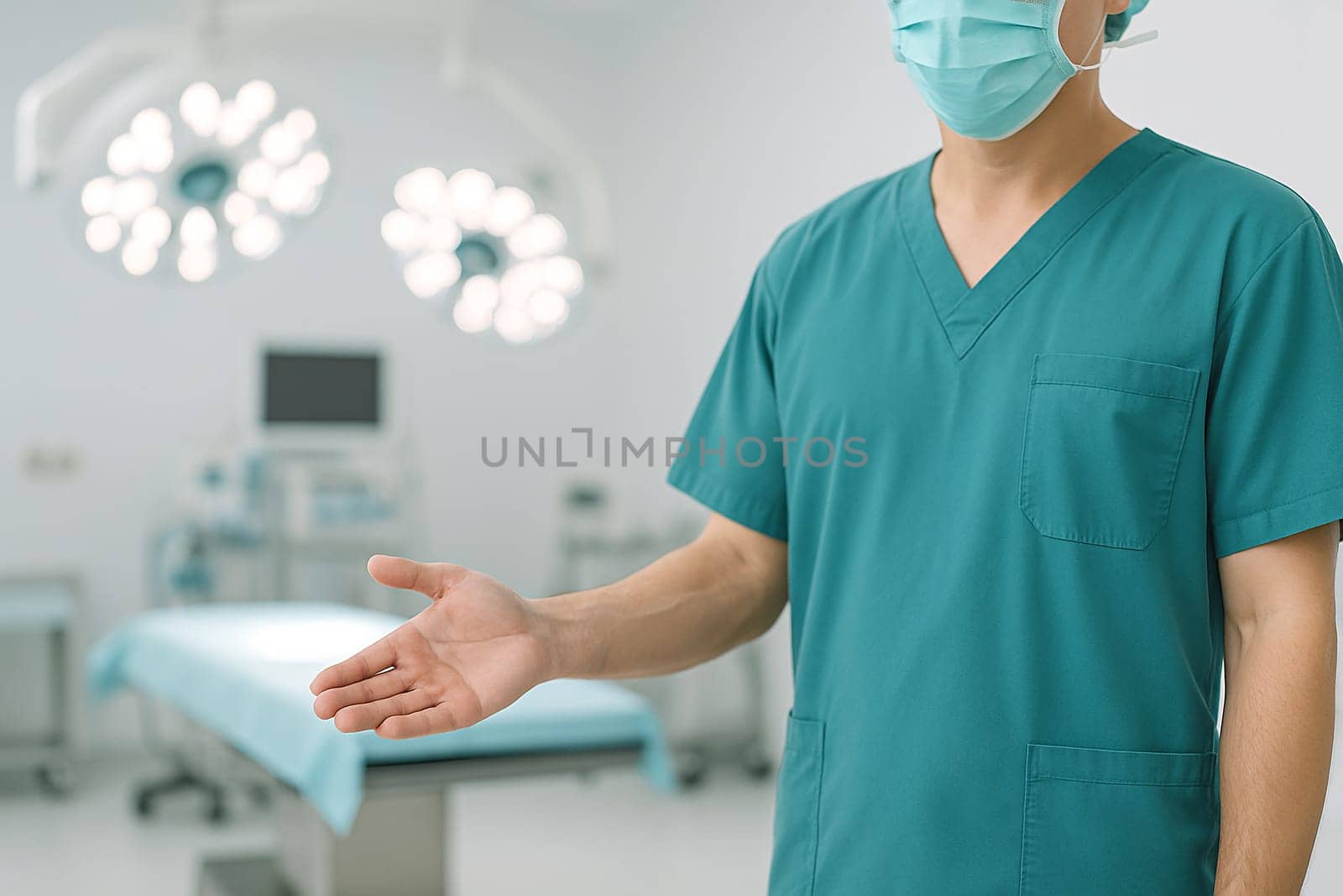 AI generated image of a surgeon in scrubs standing at the edge of the frame gesturing to invite into a sterile operating room.