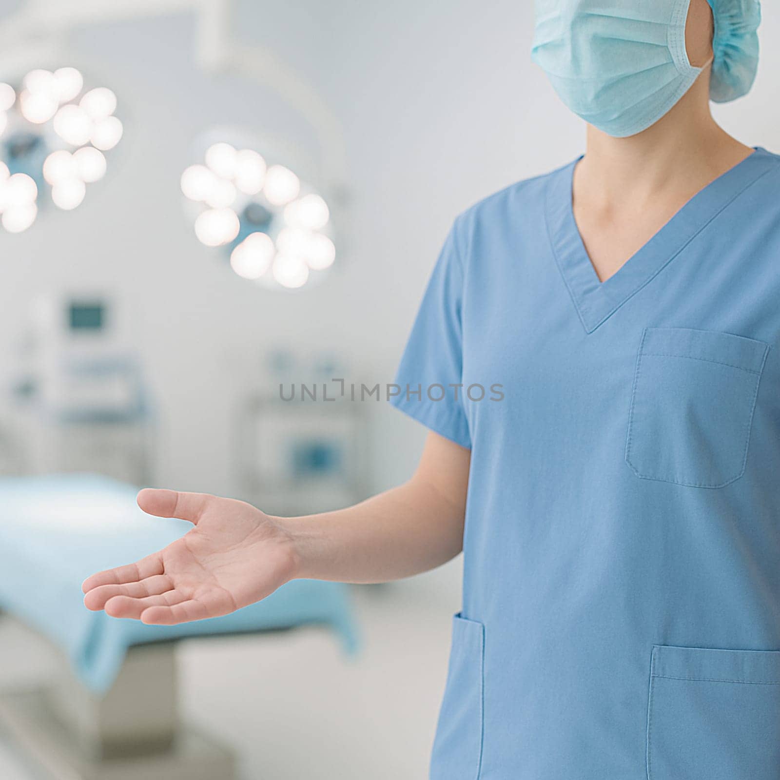 AI generated image of a surgical nurse in scrubs standing at the frame edge gesturing to welcome someone into a sterile operating theater.