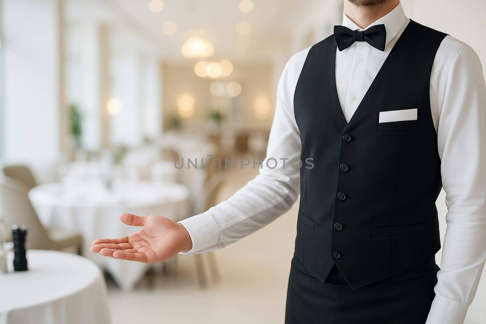 AI generated image of a professional waiter in formal attire gesturing to invite guests into an elegant hotel restaurant.