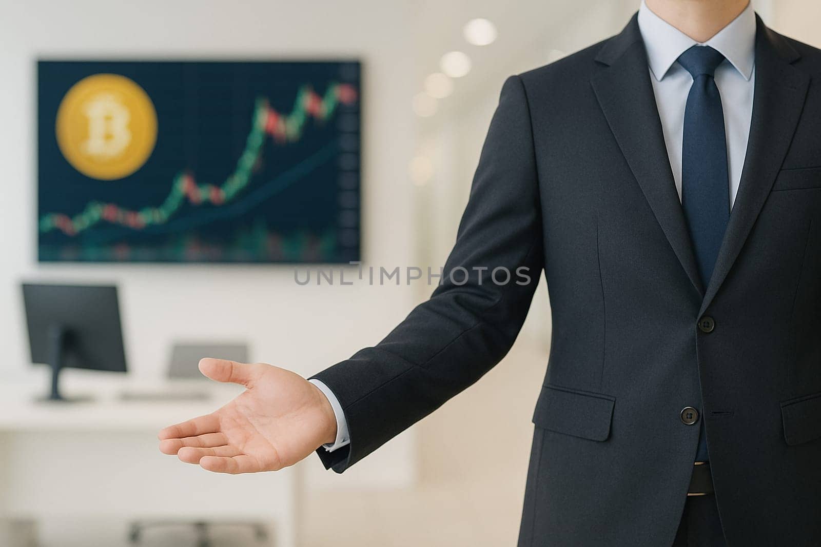 AI generated image of a professional crypto trader in formal attire gesturing to welcome clients into a high-tech trading room featuring multiple screens displaying real-time cryptocurrency charts