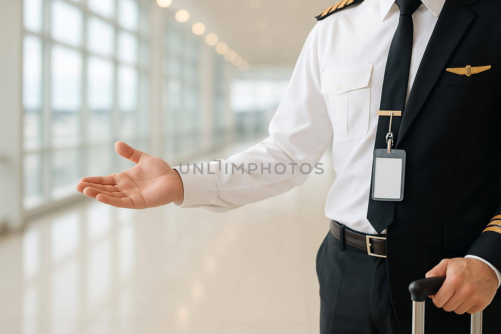 AI generated image of a professional airline captain in full uniform gesturing to welcome passengers at a busy airport terminal