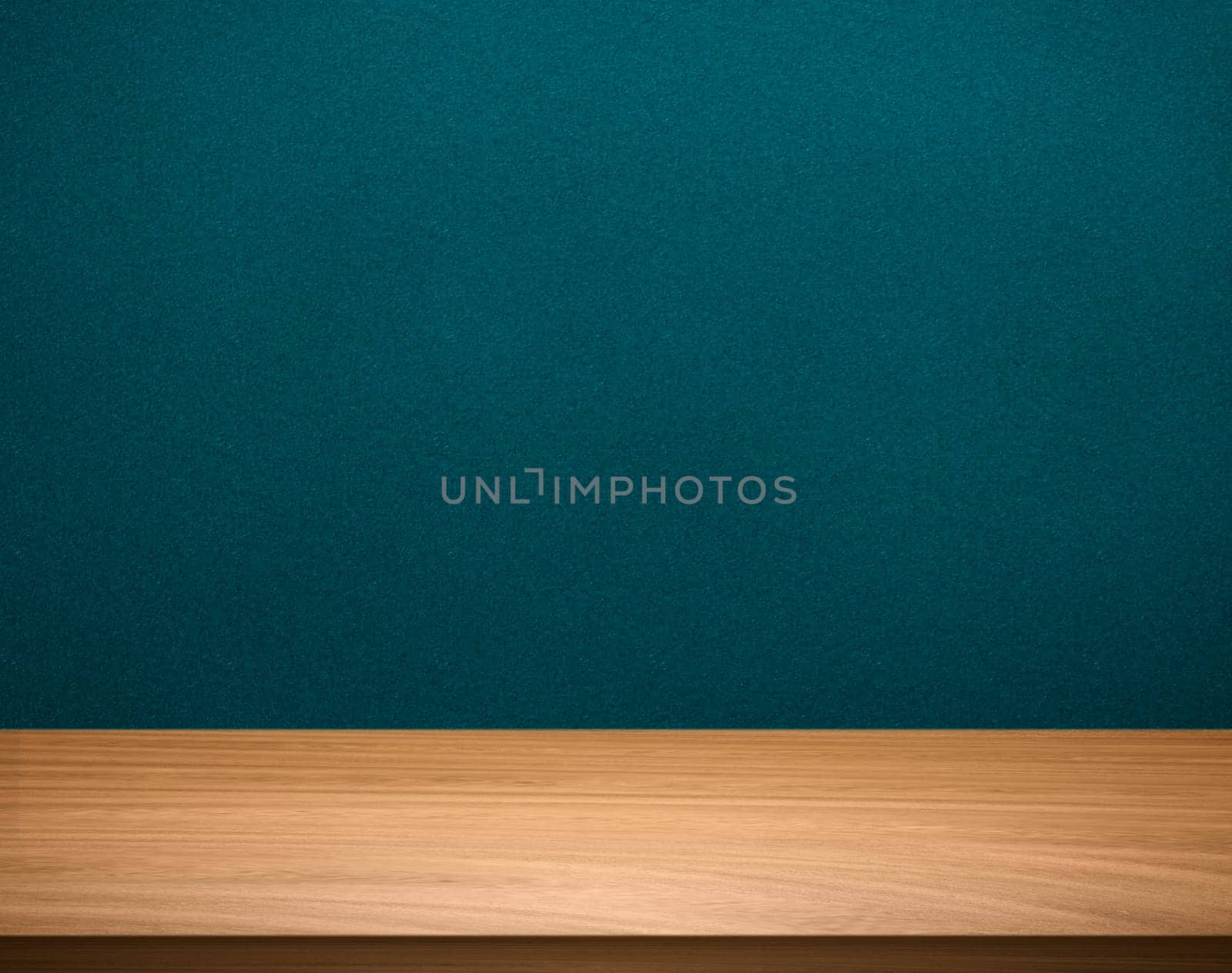 Empty brown wooden table top over green gradient background