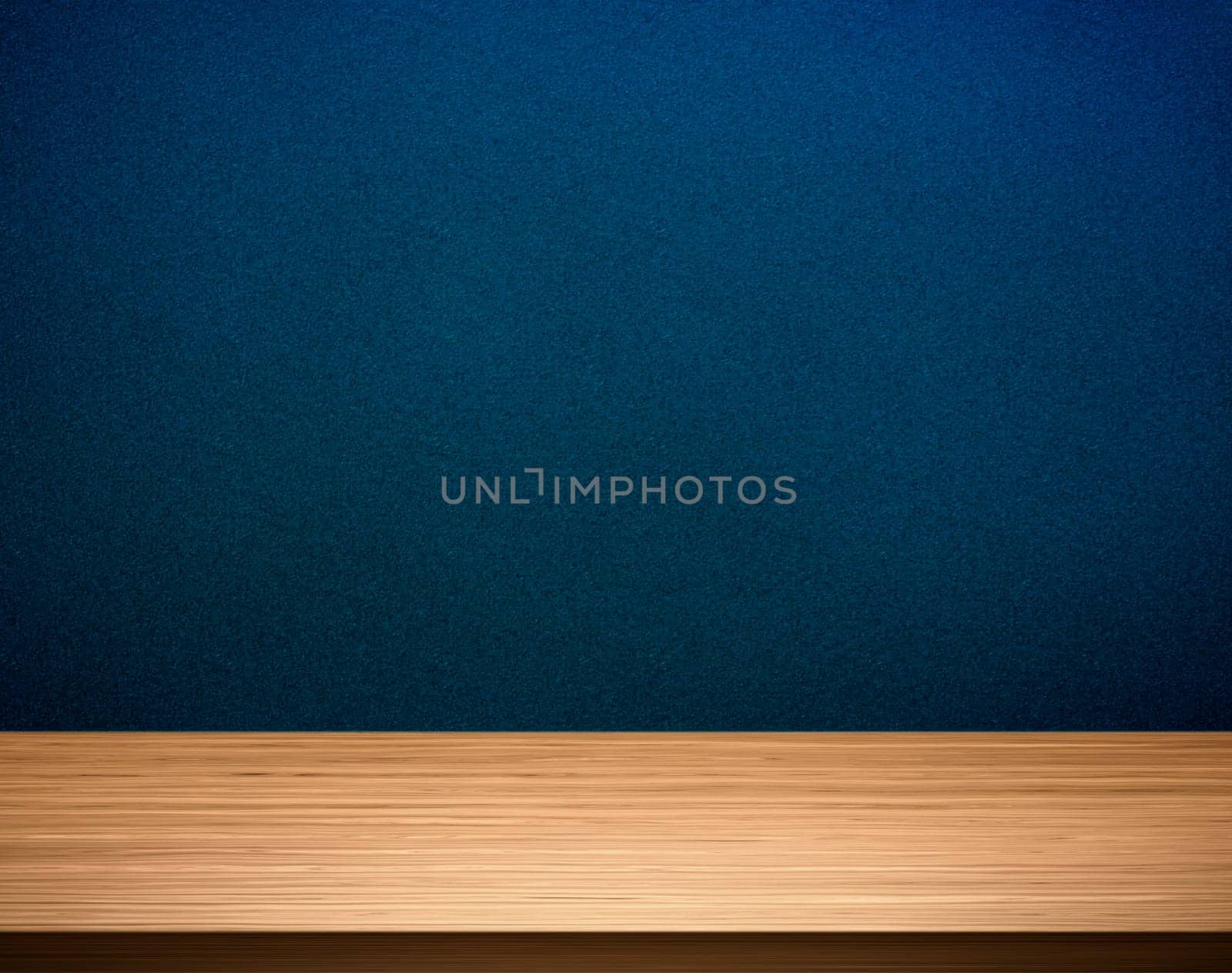 Empty brown wooden table top over blue gradient background