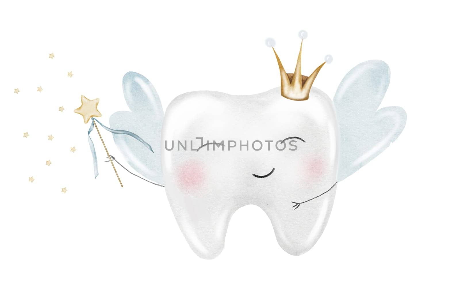 Baby tooth watercolor. Cute cartoon molar with crown and a magic wand on isolated white background. Dental clip art. Ideal for cards and invitations to the party baby's first tooth, posters in the doctor's office. High quality illustration