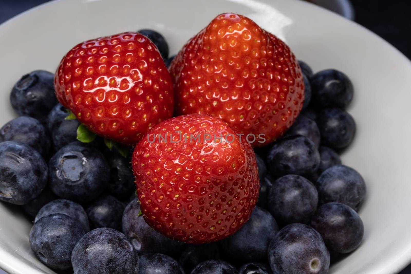 Wild strawberry and blueberry with ripe fruit in close up