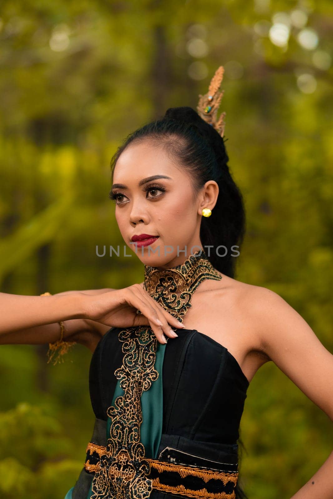 Portrait of a mystical woman in makeup with black hair and wearing a gold jewelry in front of the forest