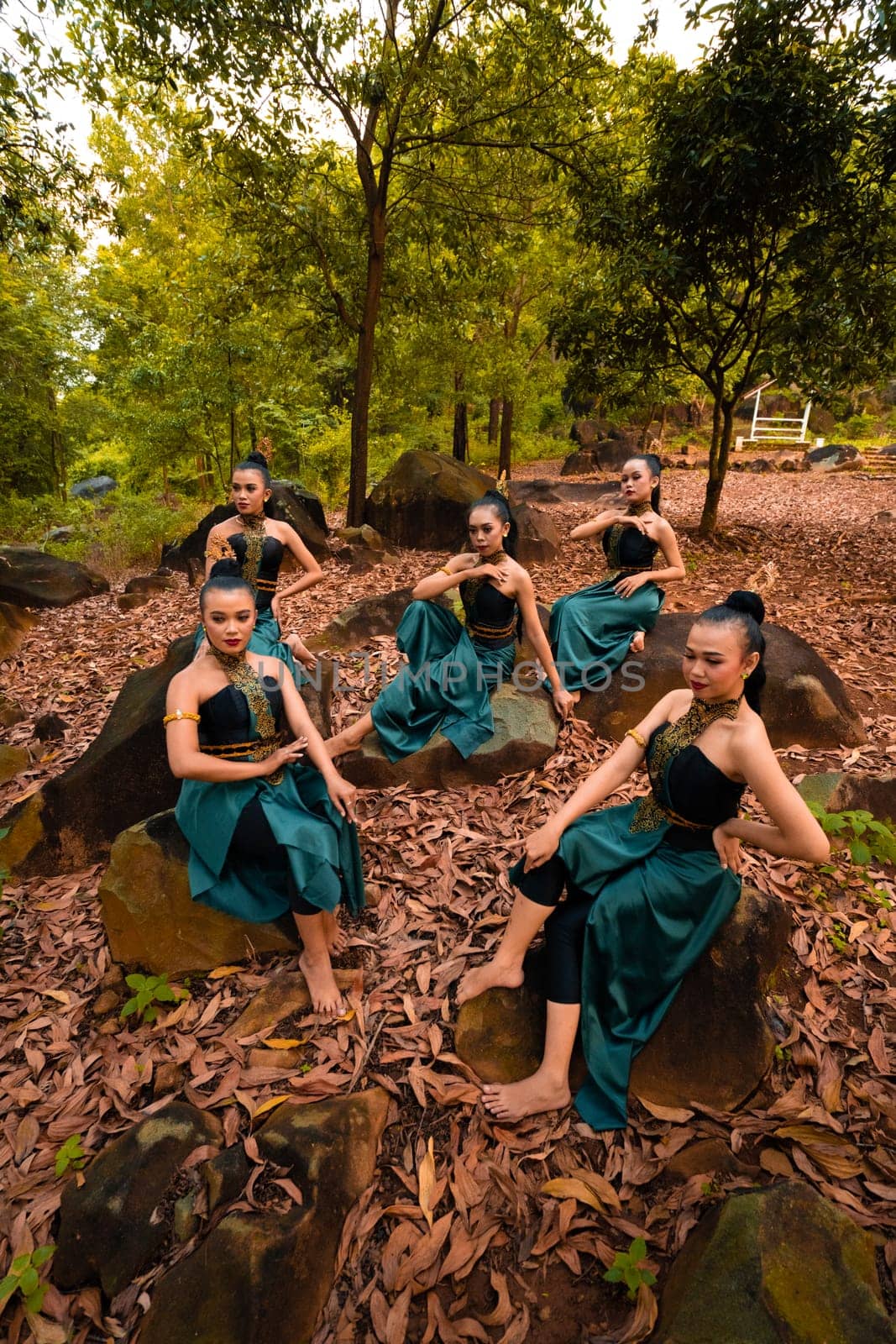 A Group of Indonesian dancers sitting gorgeously on the rock with brown leaves in the background inside the forest during the daylight