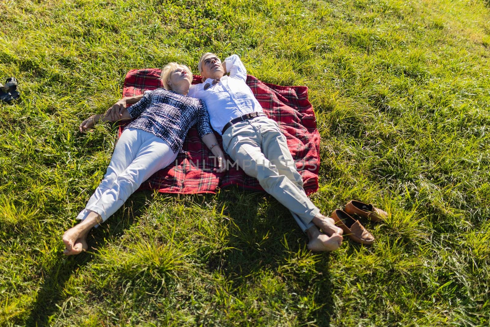 Retired couple lying on a blanket in a meadow, enjoying peaceful retirement together
