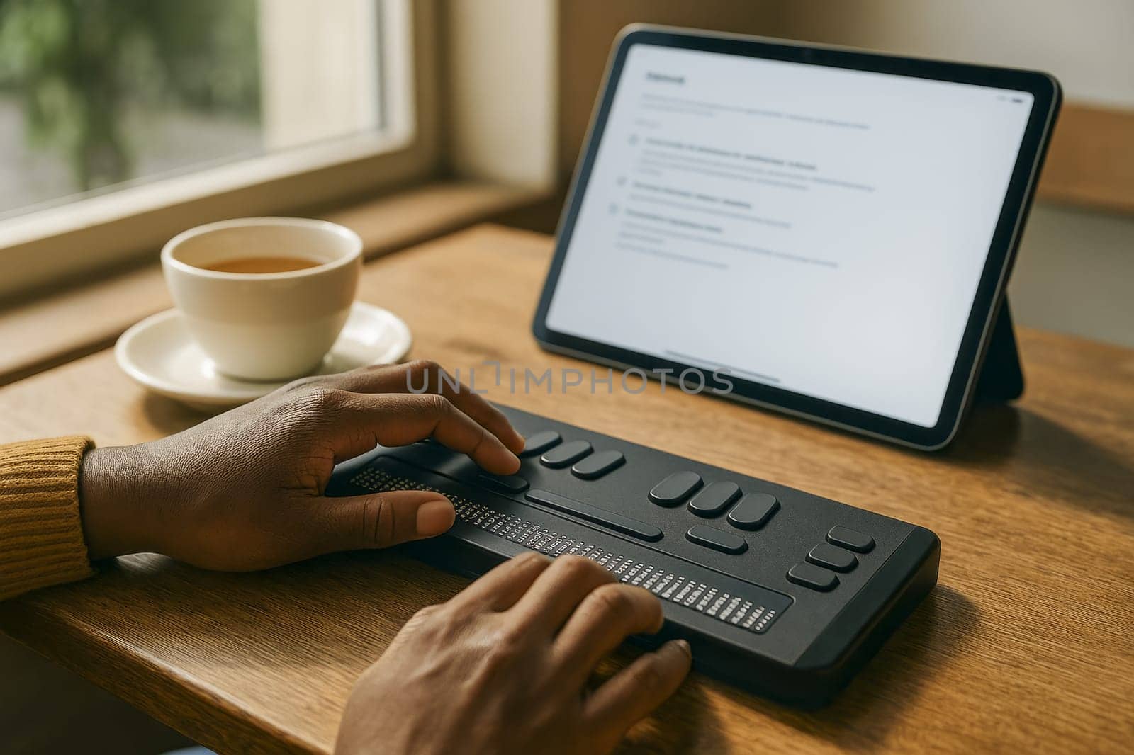 Close-up of a person using a smart braille display with a tablet on a café table. A cup of tea and sunlight enhance the modern, inclusive atmosphere. No brand visible