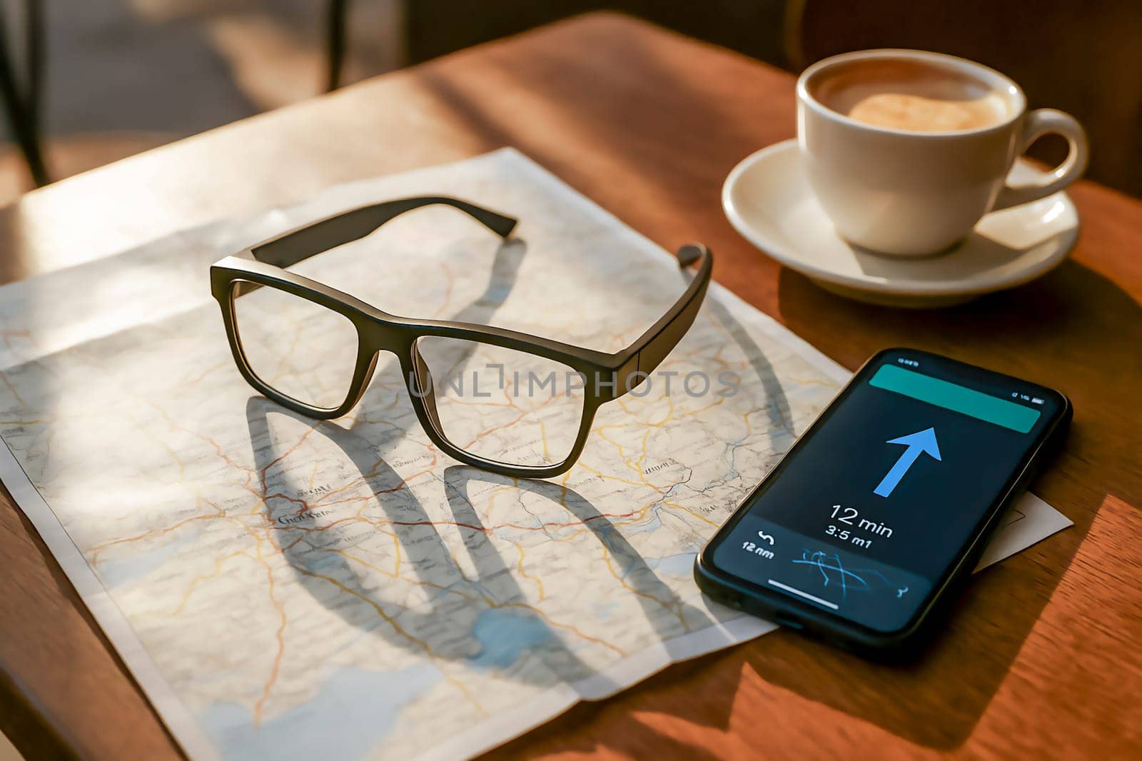 AR glasses on a paper map with a coffee cup and smartphone showing navigation app. Sunlight and shadows suggest travel and technology. No people visible.