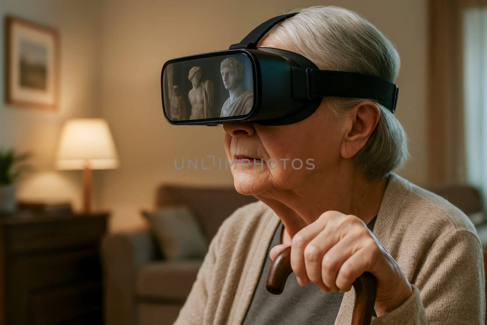 Senior woman with white hair using futuristic AR headset indoors. Concept of aging and technology in a modern setting.