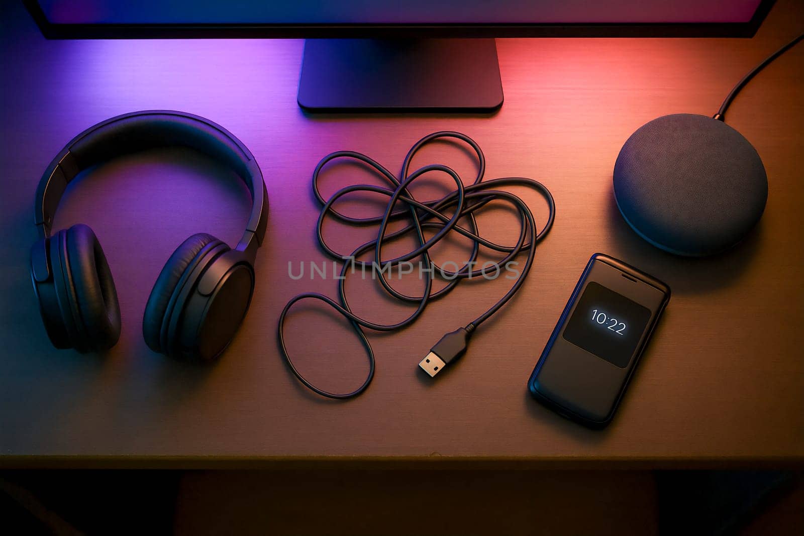 Top-down view of a teen desk with wireless headphones, tangled charger, retro flip phone, and smart speaker lit by colorful LED lights. No people, digital lifestyle concept.