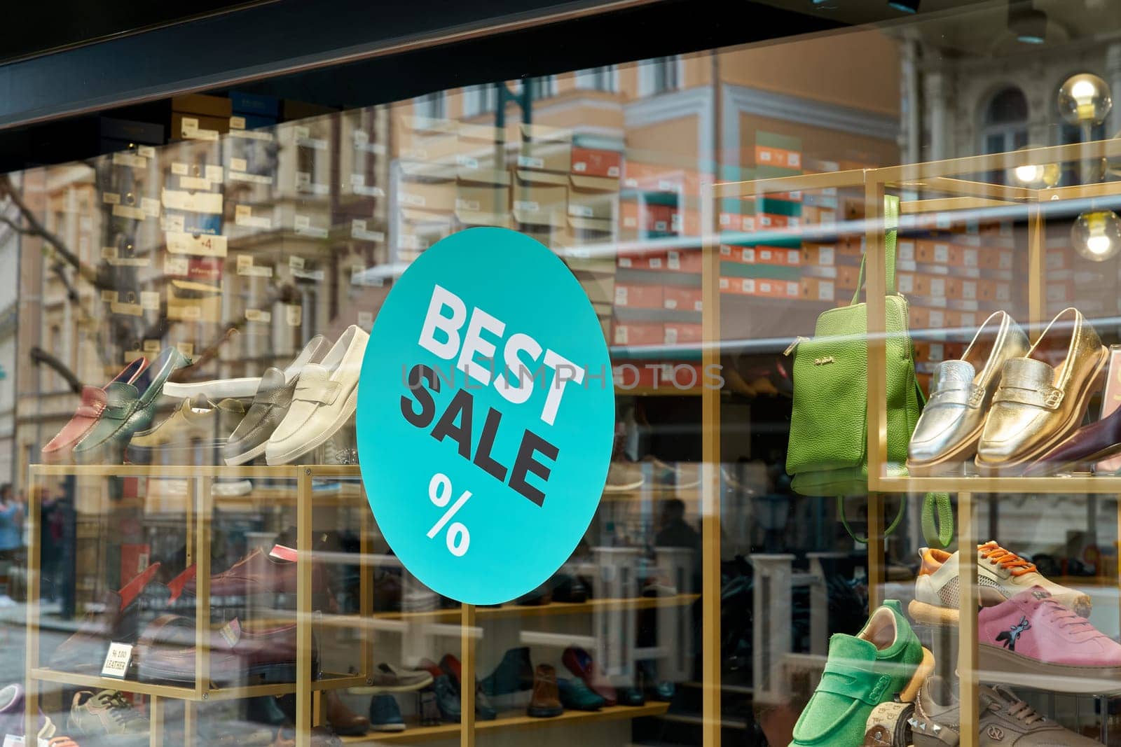 Karlovy Vary, Czech Republic – April 20, 2025: Sticker on the window of a shoe store with the inscription Best Sale