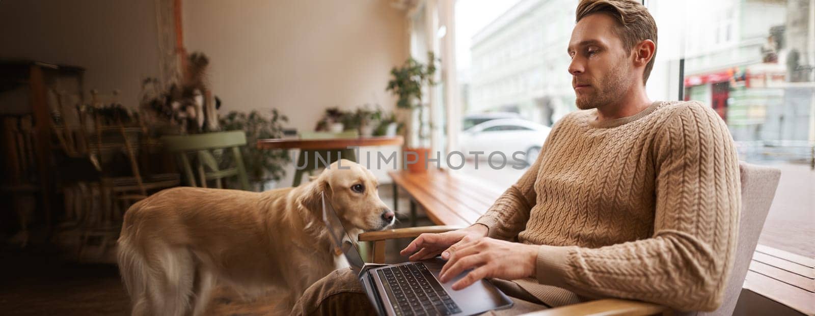 Portrait of young working man sitting in cafe, typing on keyboard while a dog looking at him. Concentrated coffee shop visitor doing his job online, sitting near window in co-working space.
