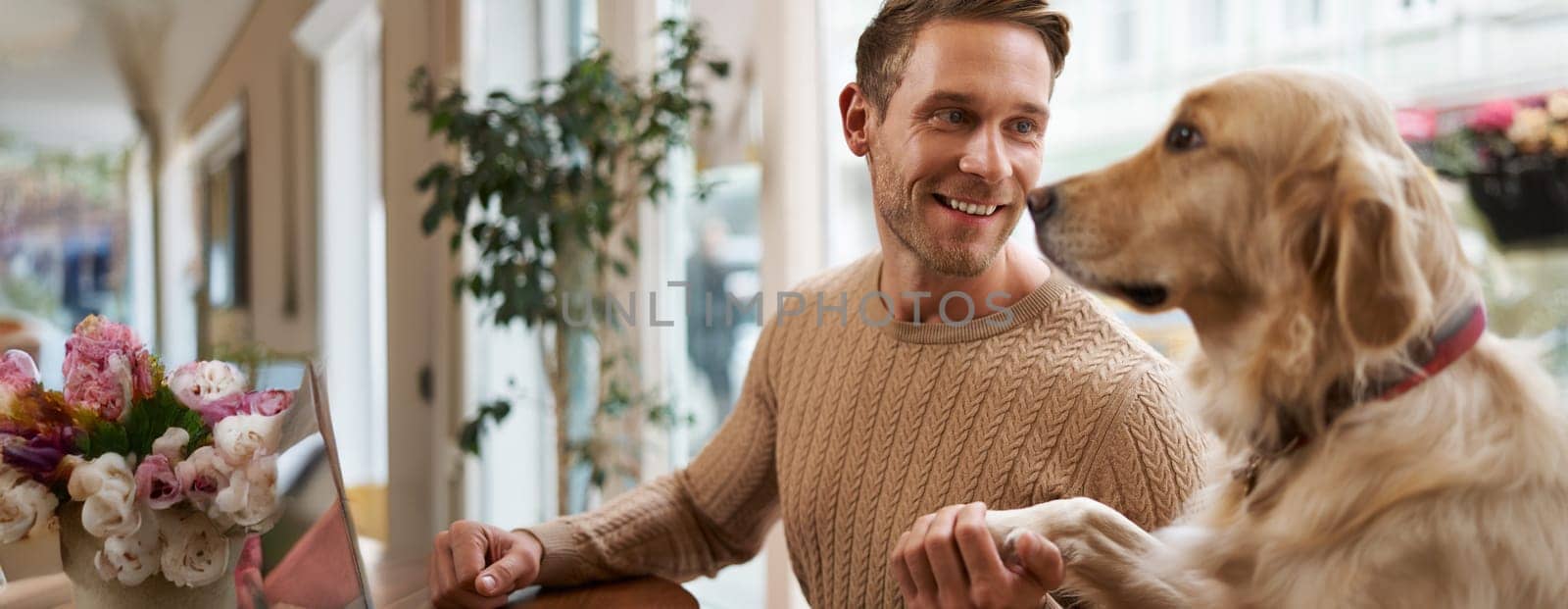 Close up portrait of cute smart dog gives paw to his owner. Handsome man with his golden retriever sitting in a pet friendly cafe.