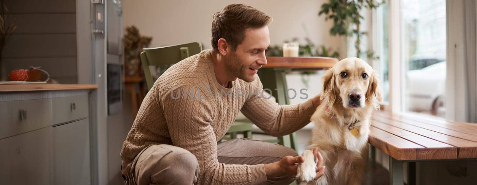 Portrait of young handsome man with his dog, sitting in cafe, golden retriever gives paw and looks at his owner.