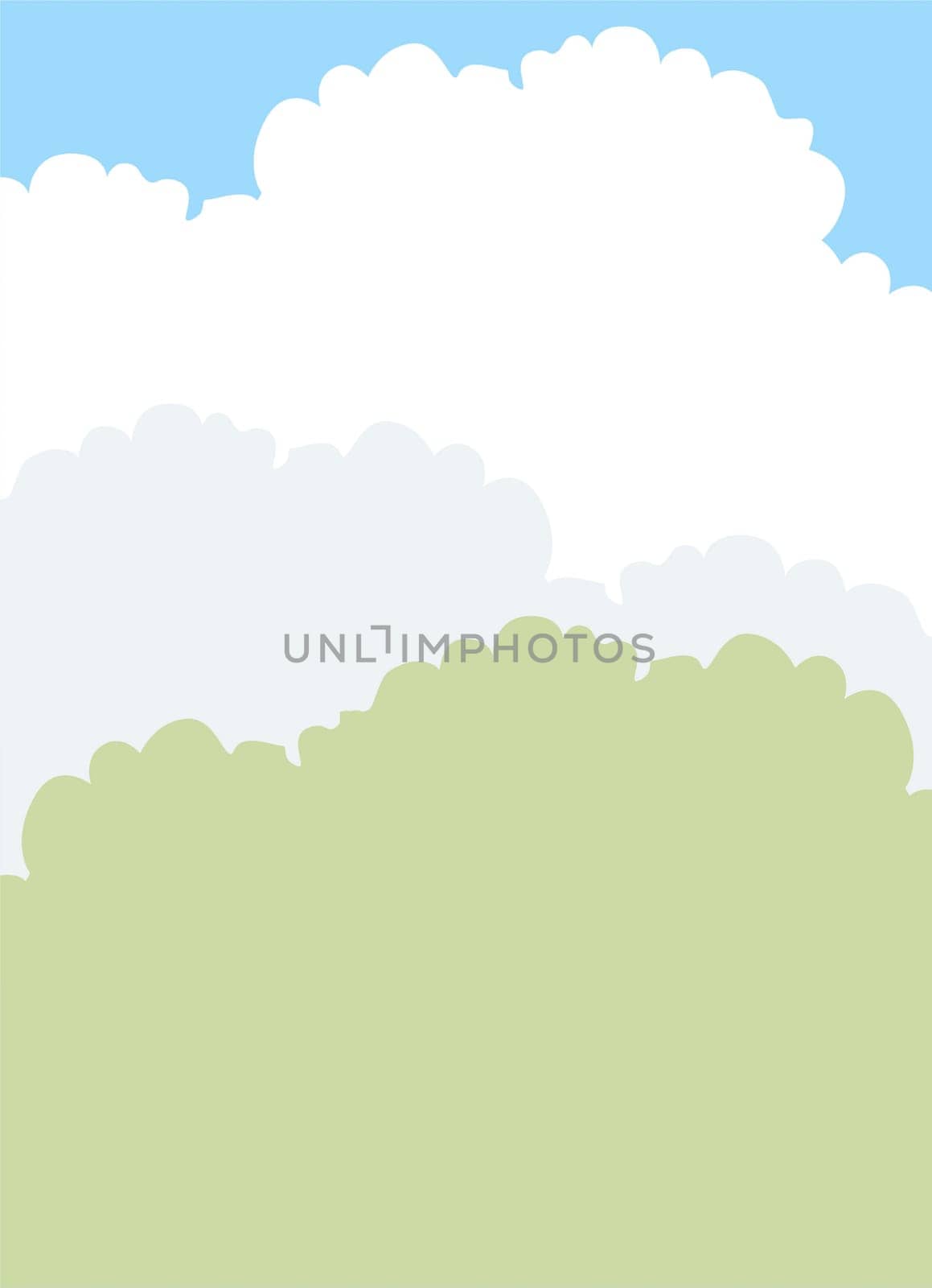 Soft, fluffy clouds drift across a bright blue sky above lush green foliage, creating a calm and peaceful atmosphere during midday.