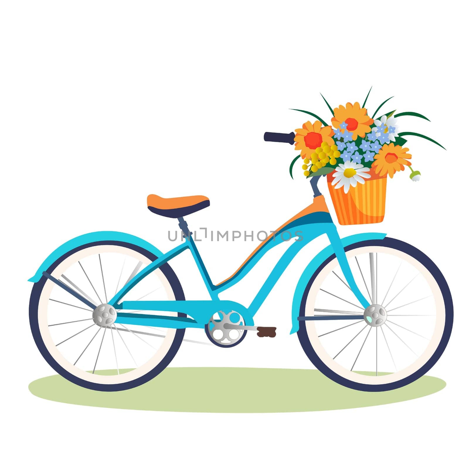 A vibrant blue bicycle stands on green grass, featuring a wicker basket filled with colorful flowers, creating a cheerful outdoor scene.