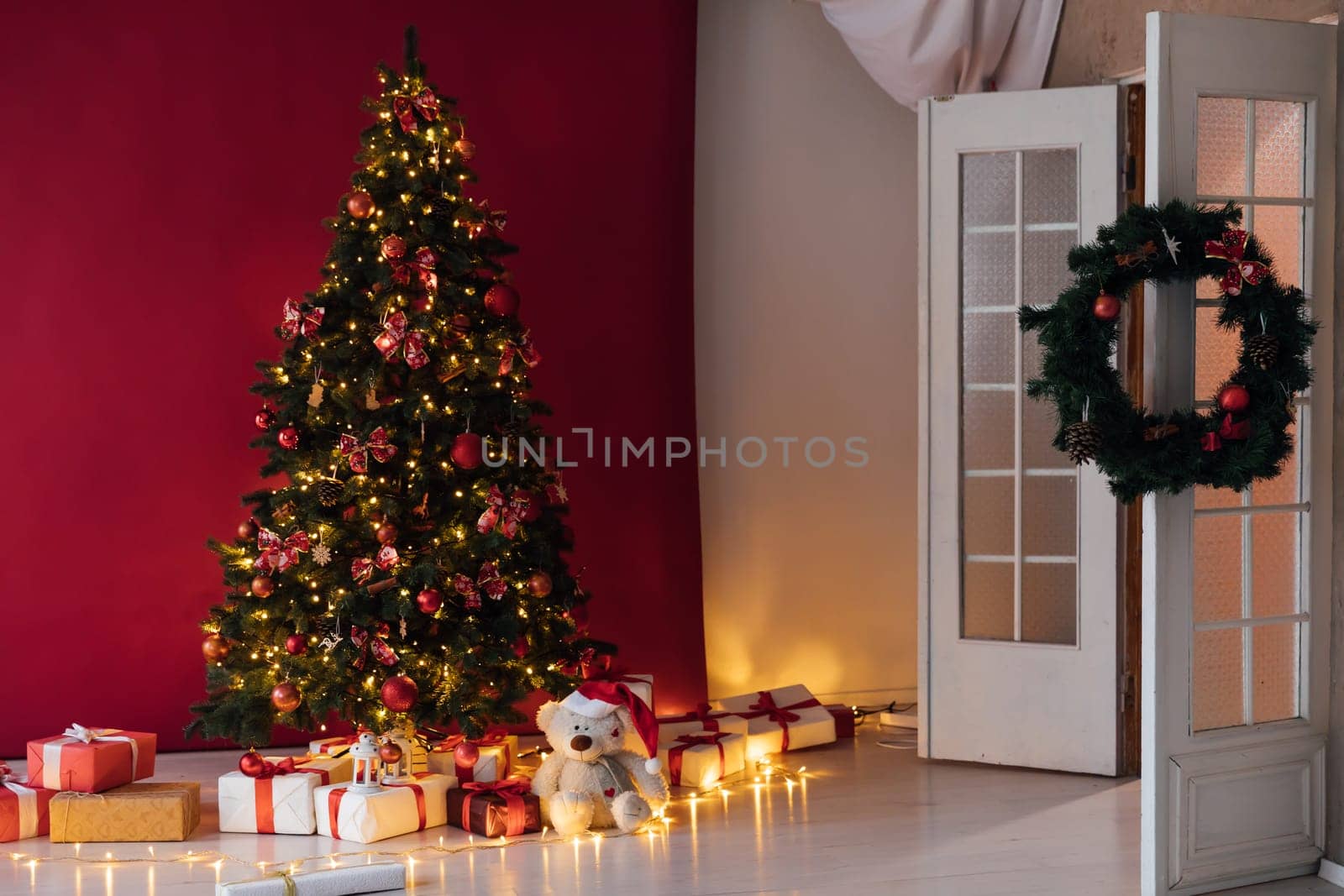 Christmas Tree House Interior with Gifts Decor