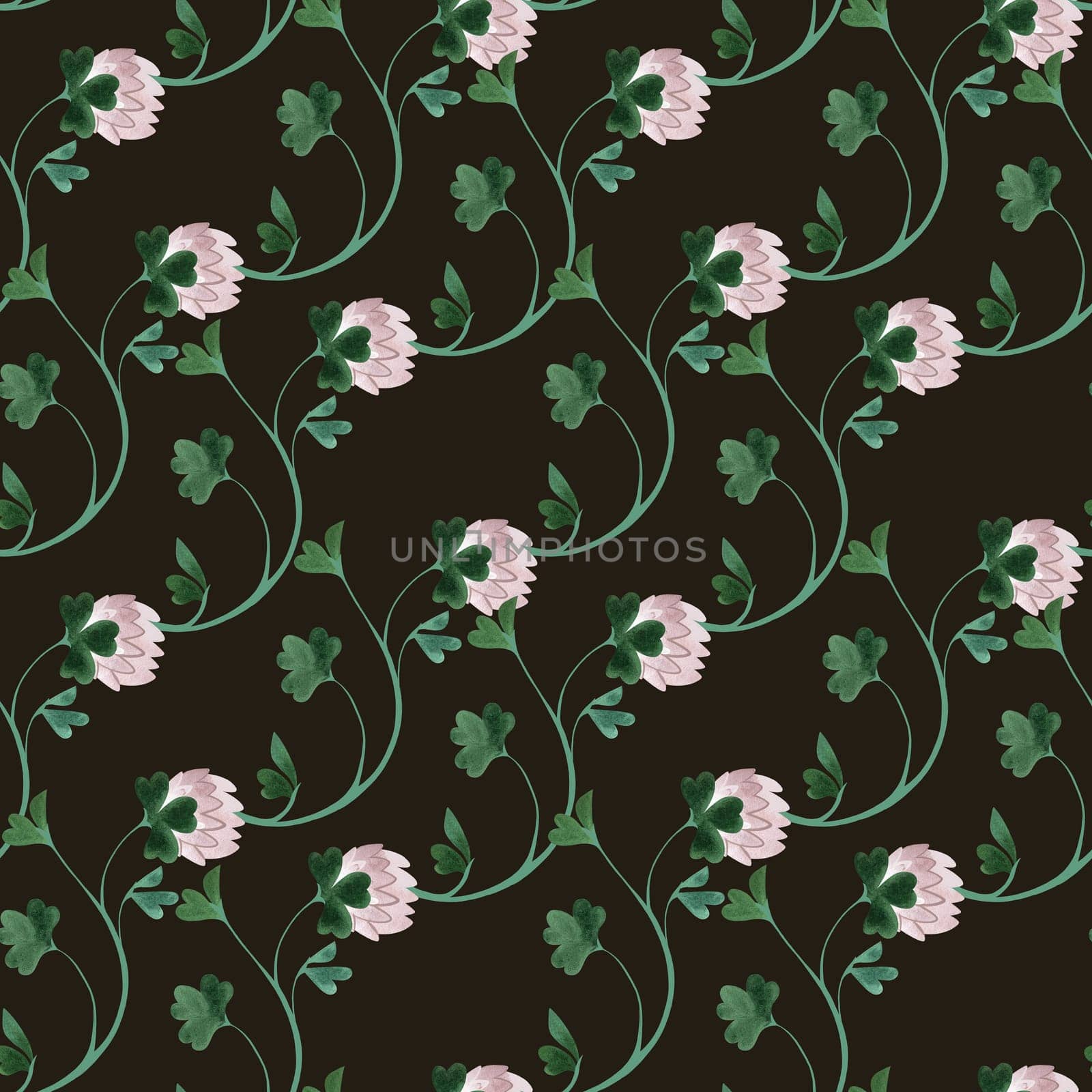 Textile seamless floral pattern with clover flowers and shamrocks in vintage style. Design for kitchen home textiles, tablecloths, curtains, bed linen, dress fabrics, wrapping paper