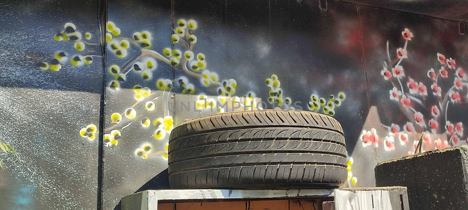 Tire art flowers wall design decor decorations objects street building architecture travel shotlisttravel . High quality photo