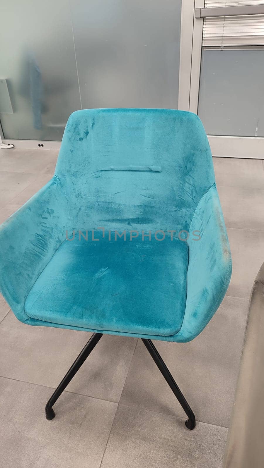 Turquoise velvet chair design decor furniture building restoration object blue one isolated home hotel apartment wooden room indoor . High quality photo