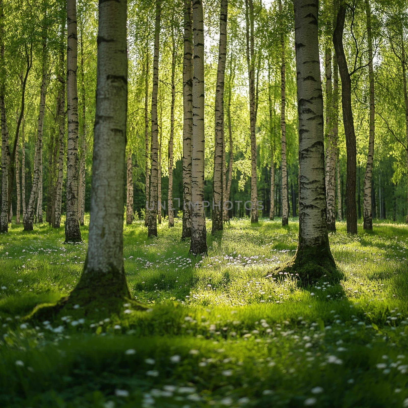 Sunlit Birch Forest with Lush Green Underbrush and Dappled Light During Early Morning