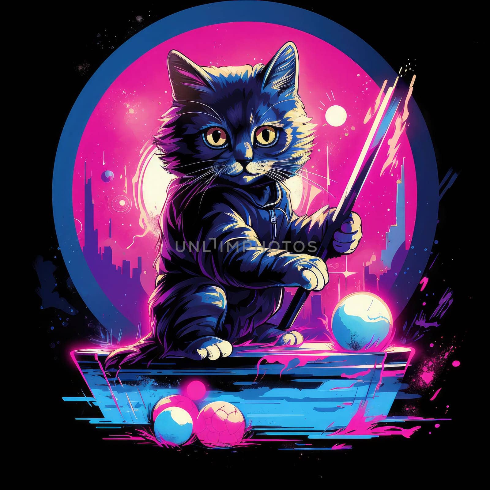 Playful Cat in Futuristic Outfit Holding Pool Cue Surrounded by Colorful Balls in a Neon Atmosphere