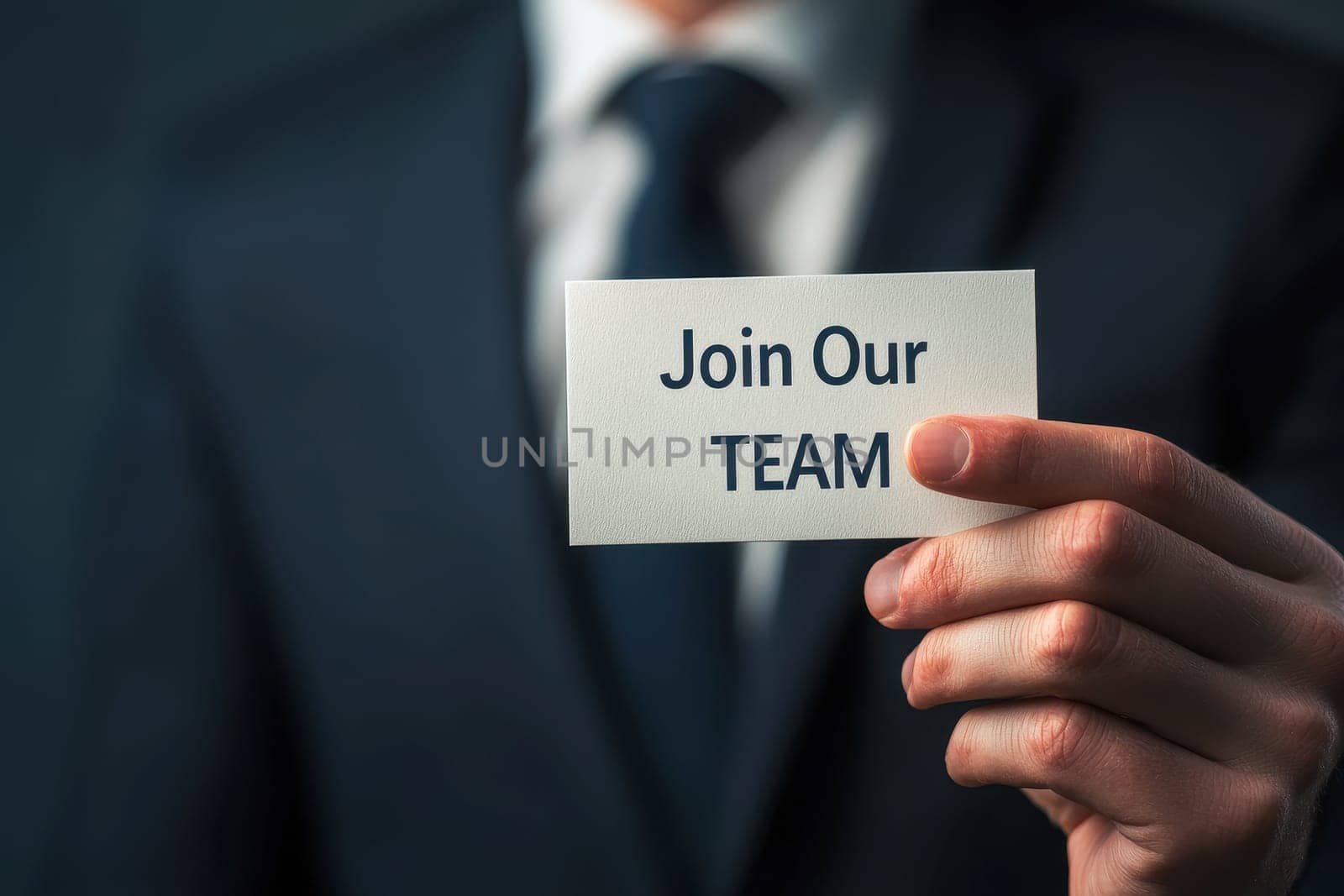 business man holding paper card with join our team text..