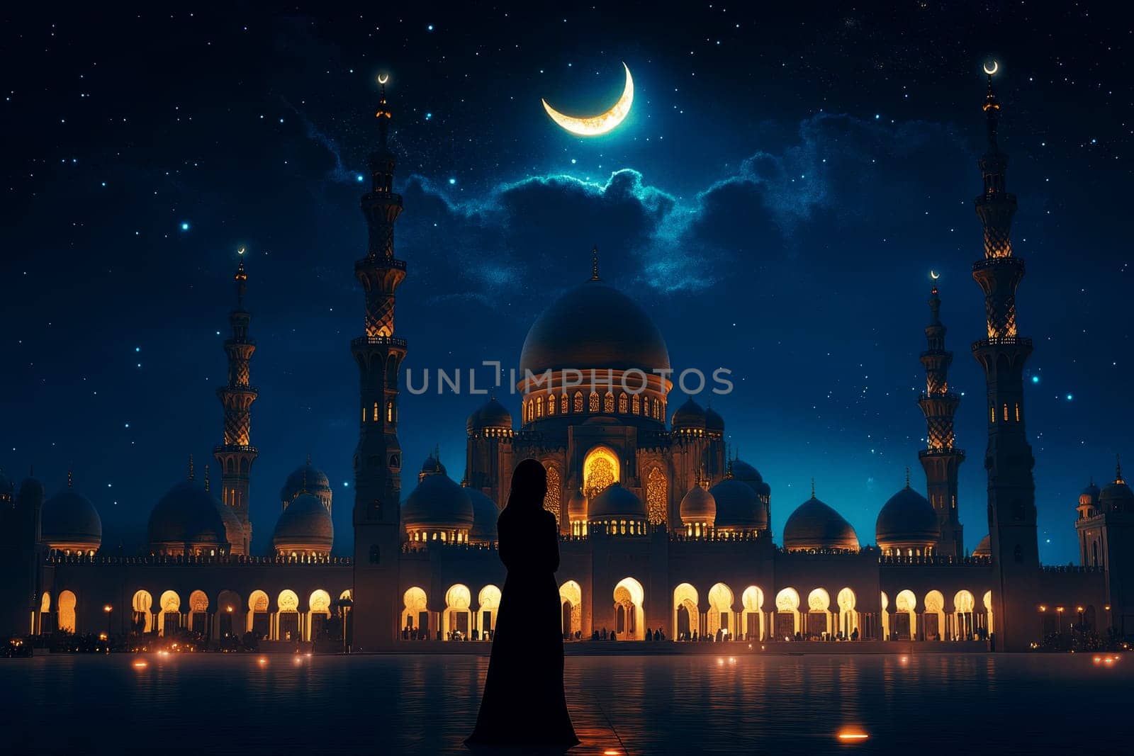 a silhouetted woman is night scene featuring a golden crescent moon, mosque silhouette, and hanging lanterns, embodying peace and the spirit of cultural celebration under a starry sky..