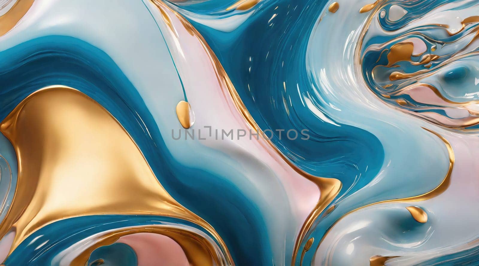 This image features a blue and gold liquid marble texture with a glossy finish. The vibrant colors and detailed texture make it ideal for backgrounds and design projects.