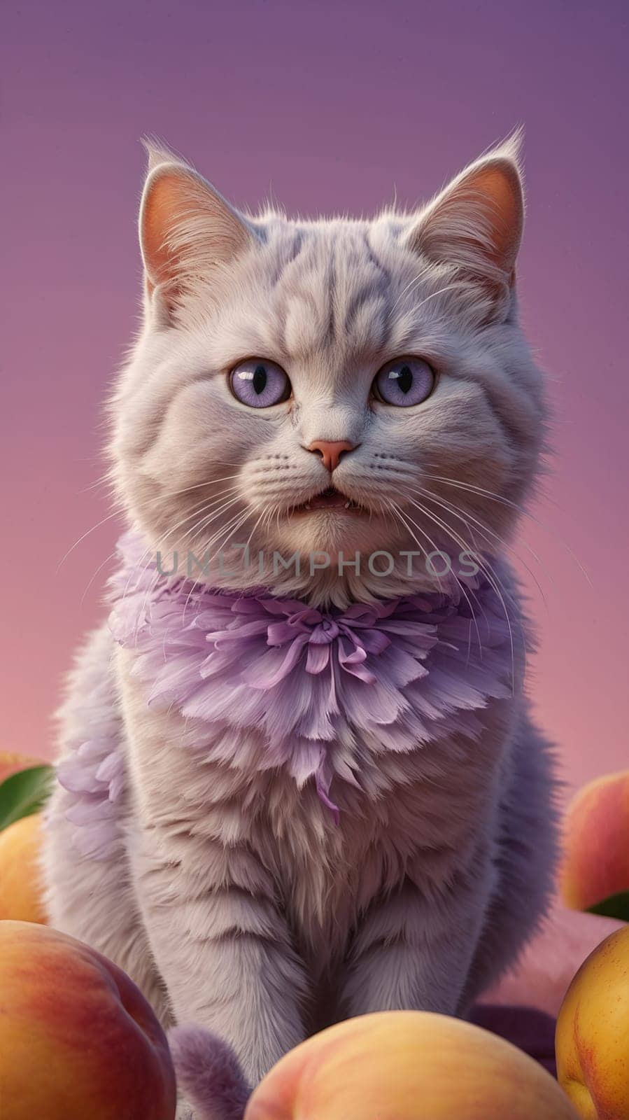 An adorable fluffy purple kitten sits on a seamless peach background, displaying its playful nature. This charming image is perfect for pet care promotions, animal shelters, and pet food brands.