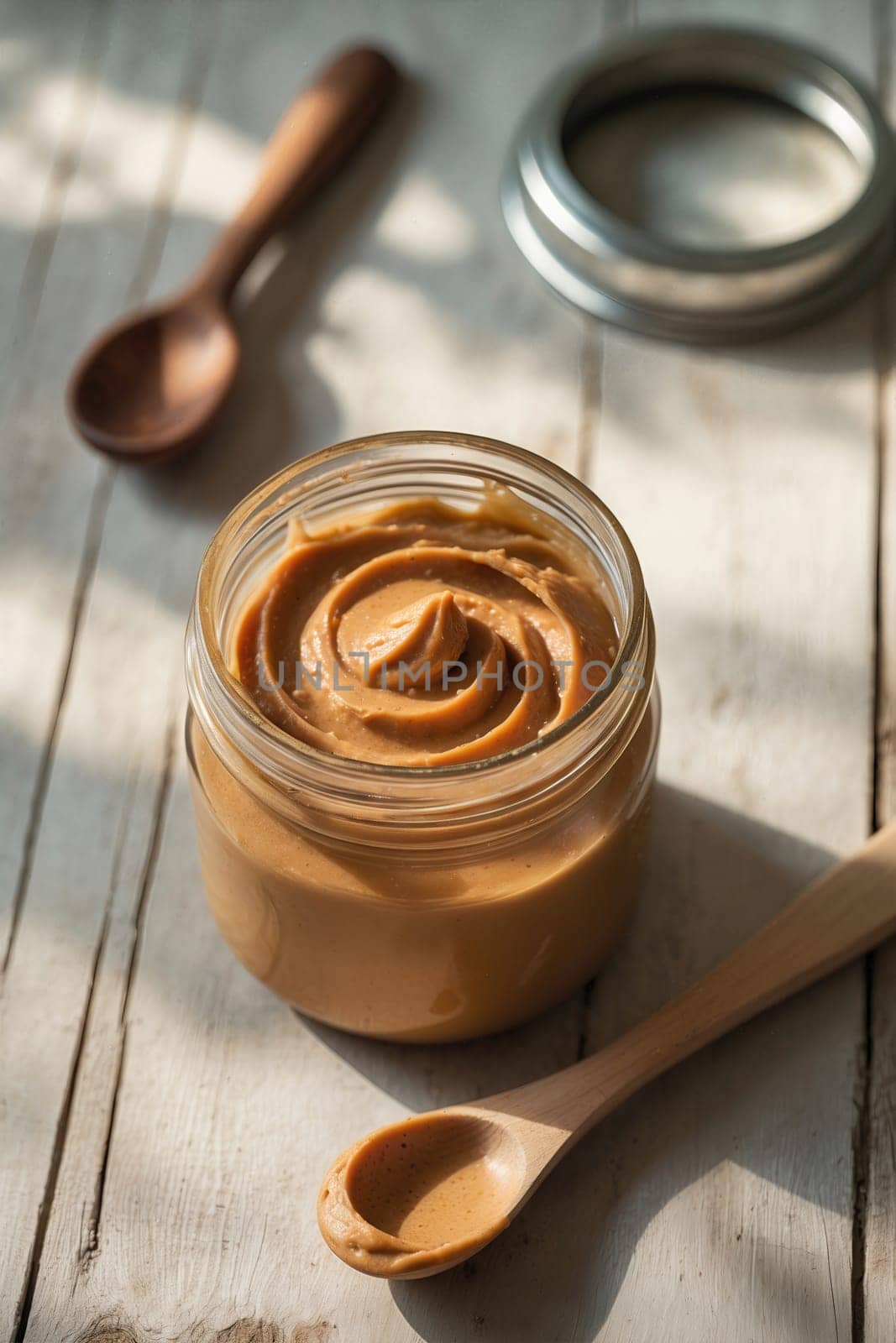 A half-full jar of peanut butter is on a rustic table, illuminated by warm sunlight. A wooden spoon rests beside the jar, indicating recent use of the creamy, nutty peanut butter.