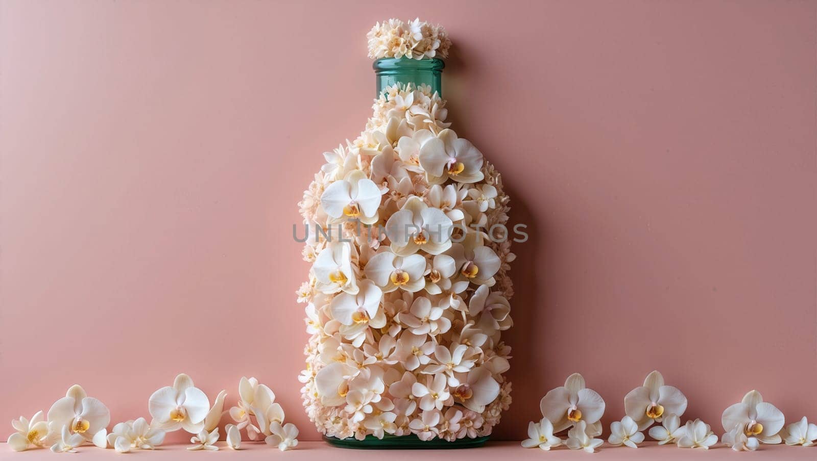 Artistic and creative concept of a bottle made entirely of delicate pink orchids. The bottle is beautifully decorated with fresh flowers and has a unique and eye-catching design.