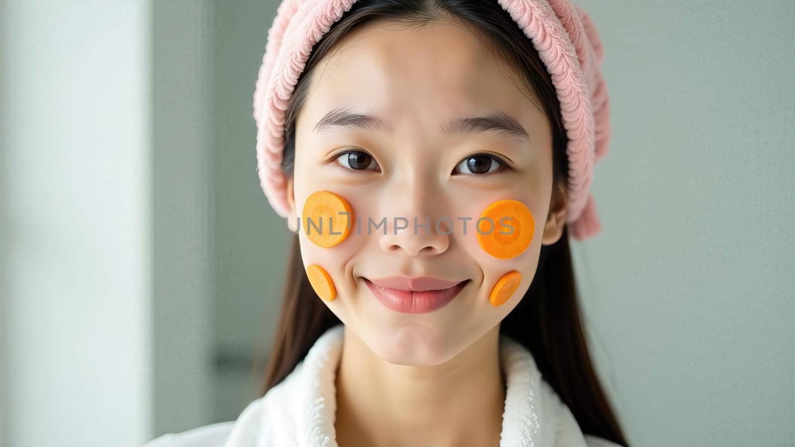 Close-up portrait of a young Asian woman with a facial mask made of carrot slices