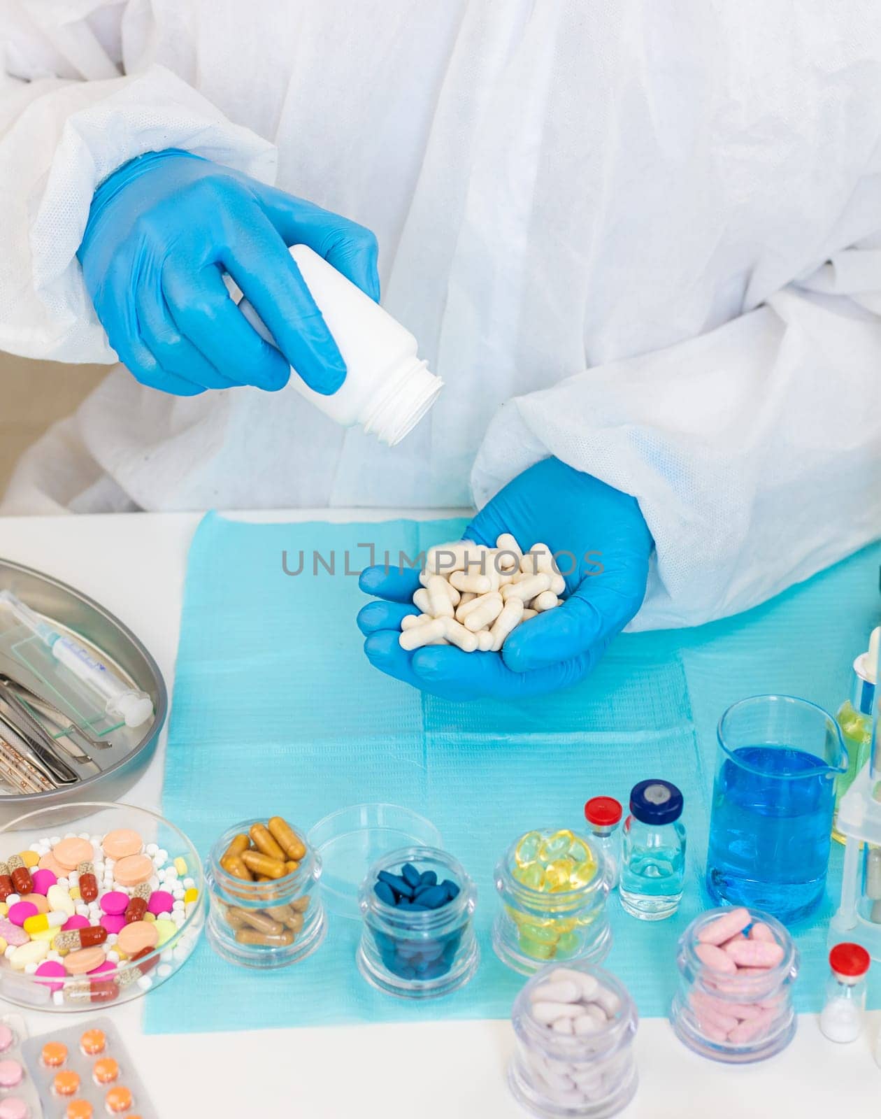 examine drugs in the laboratory. Selective focus. pills.