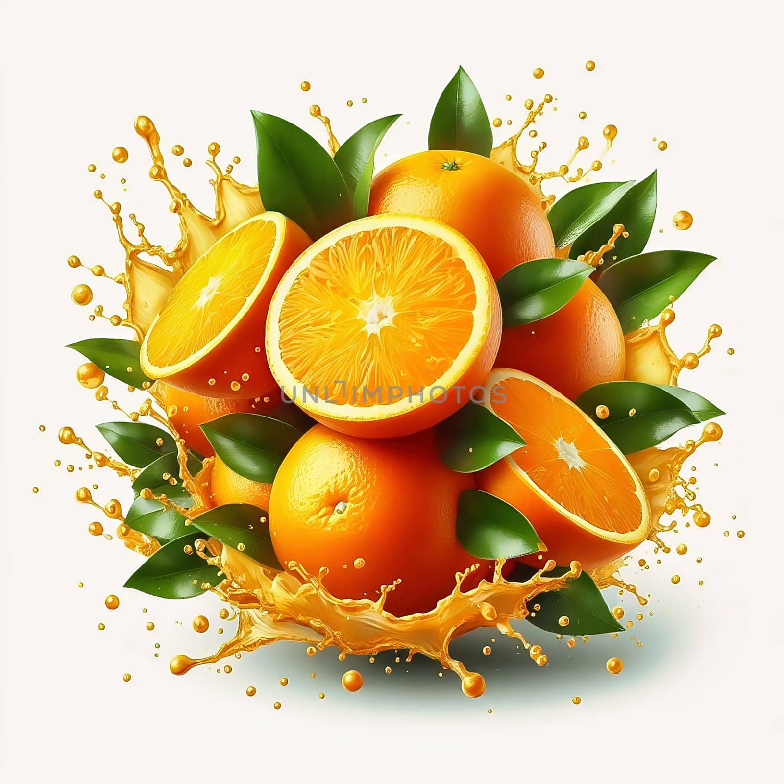 Juicy, halved oranges with refreshing drops of water and green leaves that perfectly reflect freshness and summer enjoyment. Ideal for advertising!