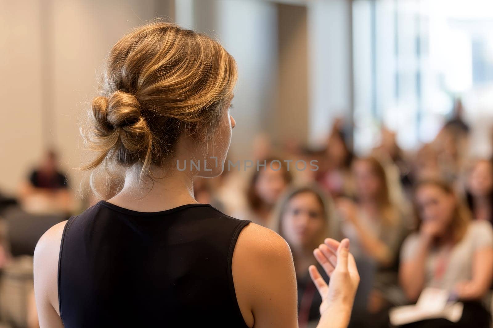 Female speaker giving a talk on corporate business conference. Unrecognizable people in audience at conference hall. Business and Entrepreneurship event..