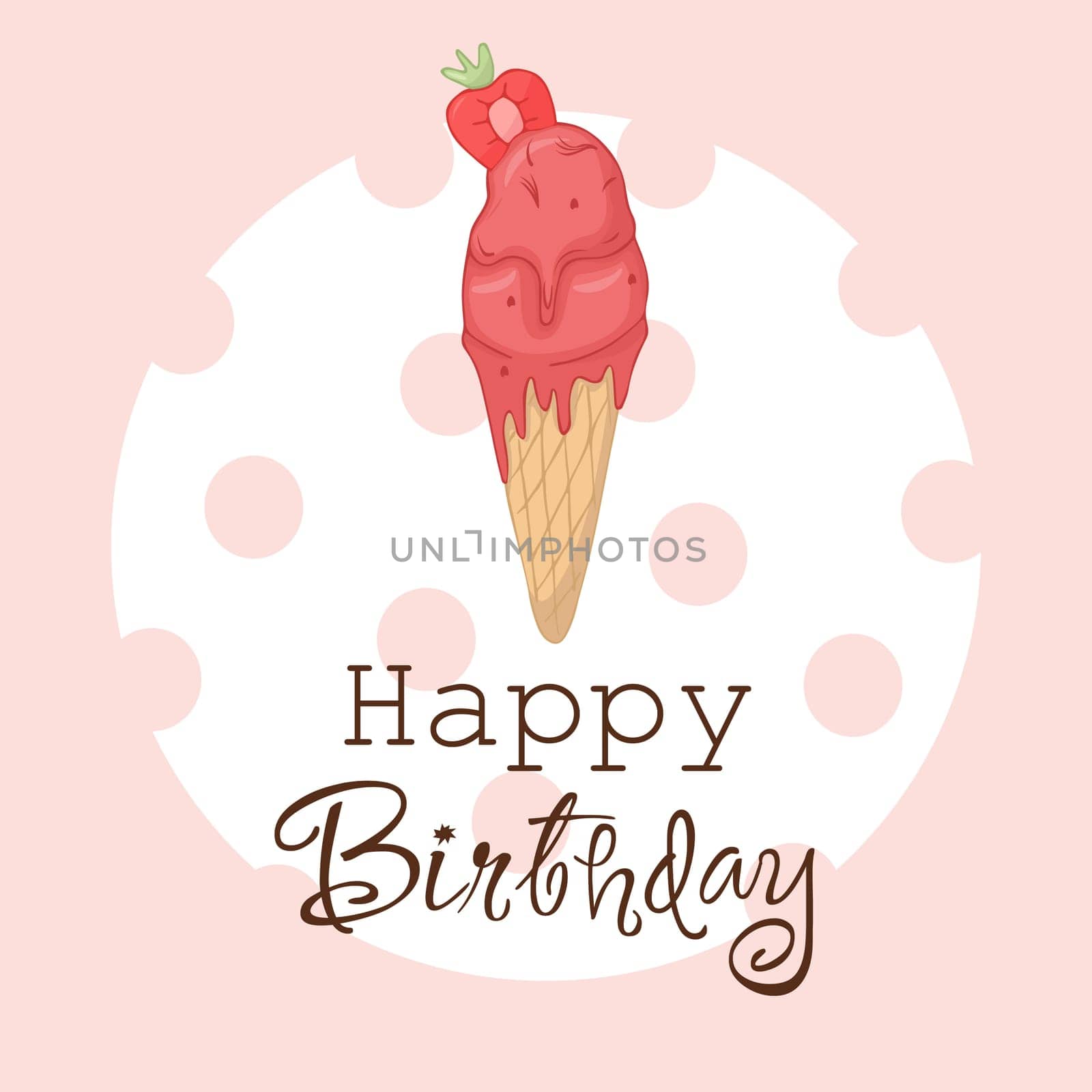 Hand-drawn strawberry ice cream cone on a pink background. Illustration drawn for a birthday or national ice cream day