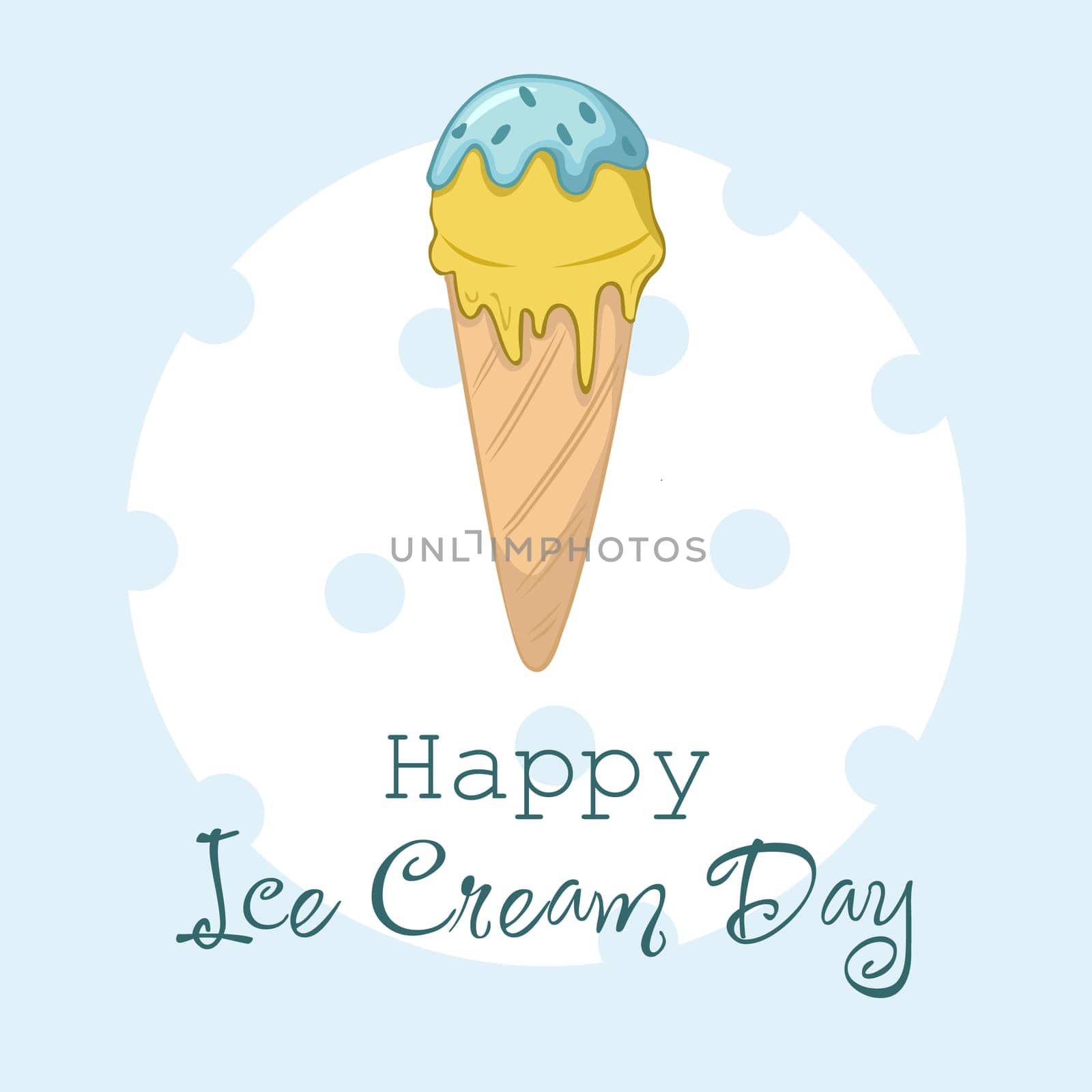 Happy National Ice Cream Day card. Hand-drawn Waffle cone of banana ice cream covered with glaze
