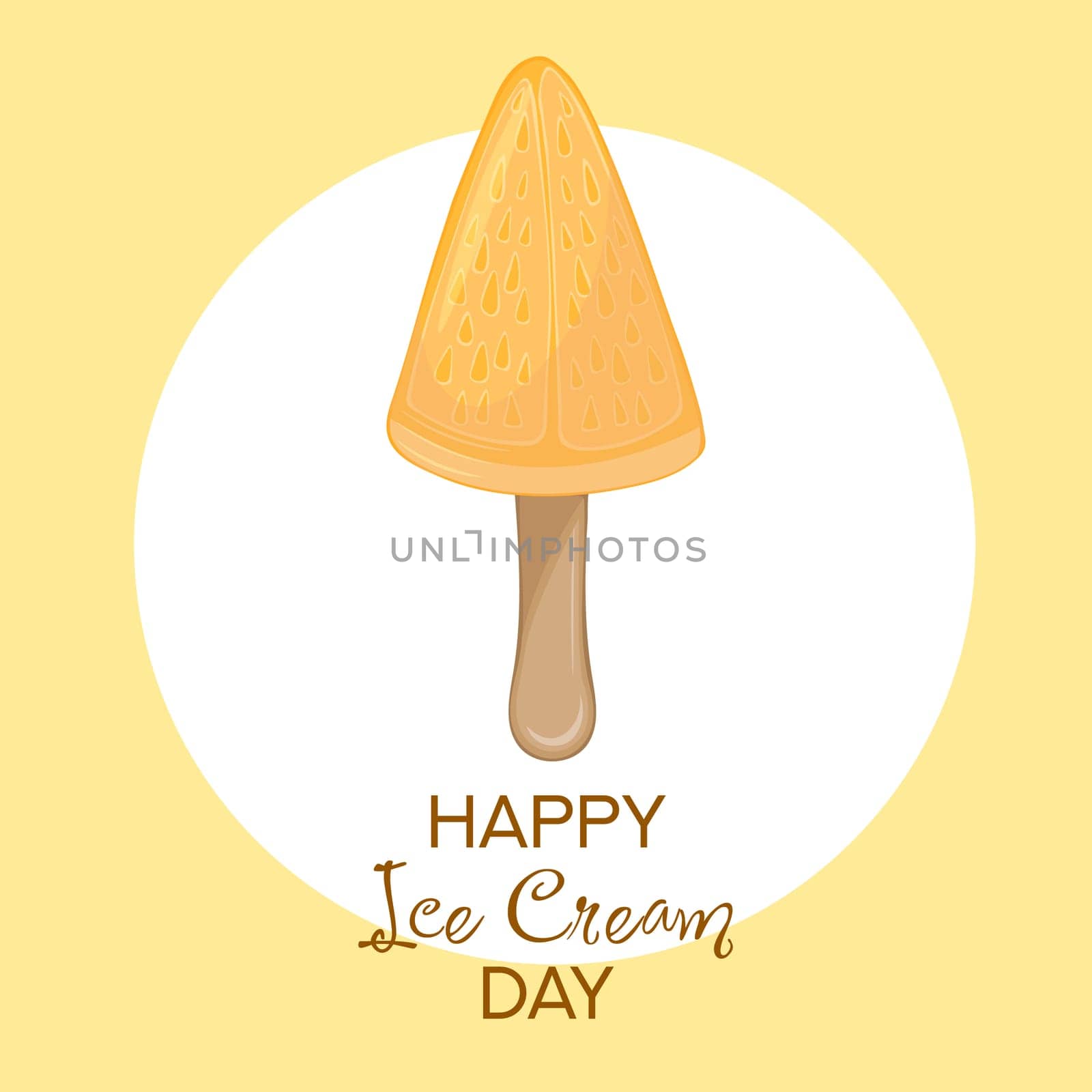 Happy National Ice Cream Day card. Hand-drawn vector illustration of fruit orange ice cream on a stick