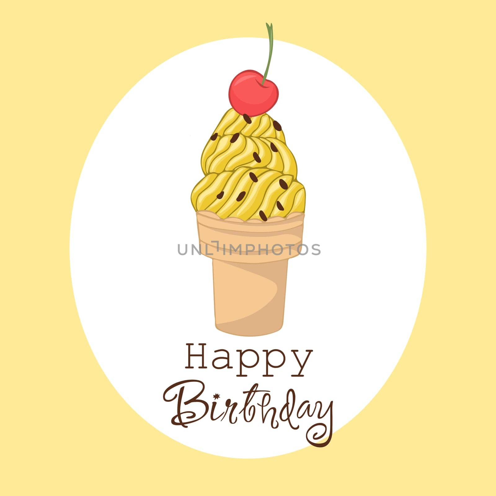 A hand-drawn, windy illustration of fruit ice cream in a waffle cone. Happy BirthDay greeting card