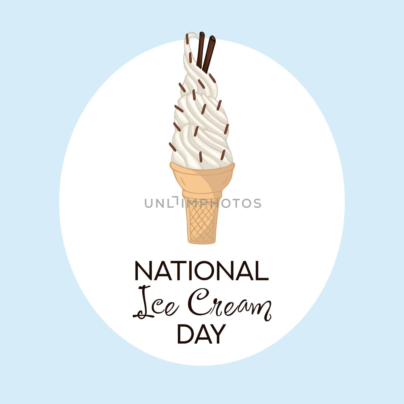 Happy National Ice Cream Day card. Hand-drawn ice cream cone with waffle and chocolate chips