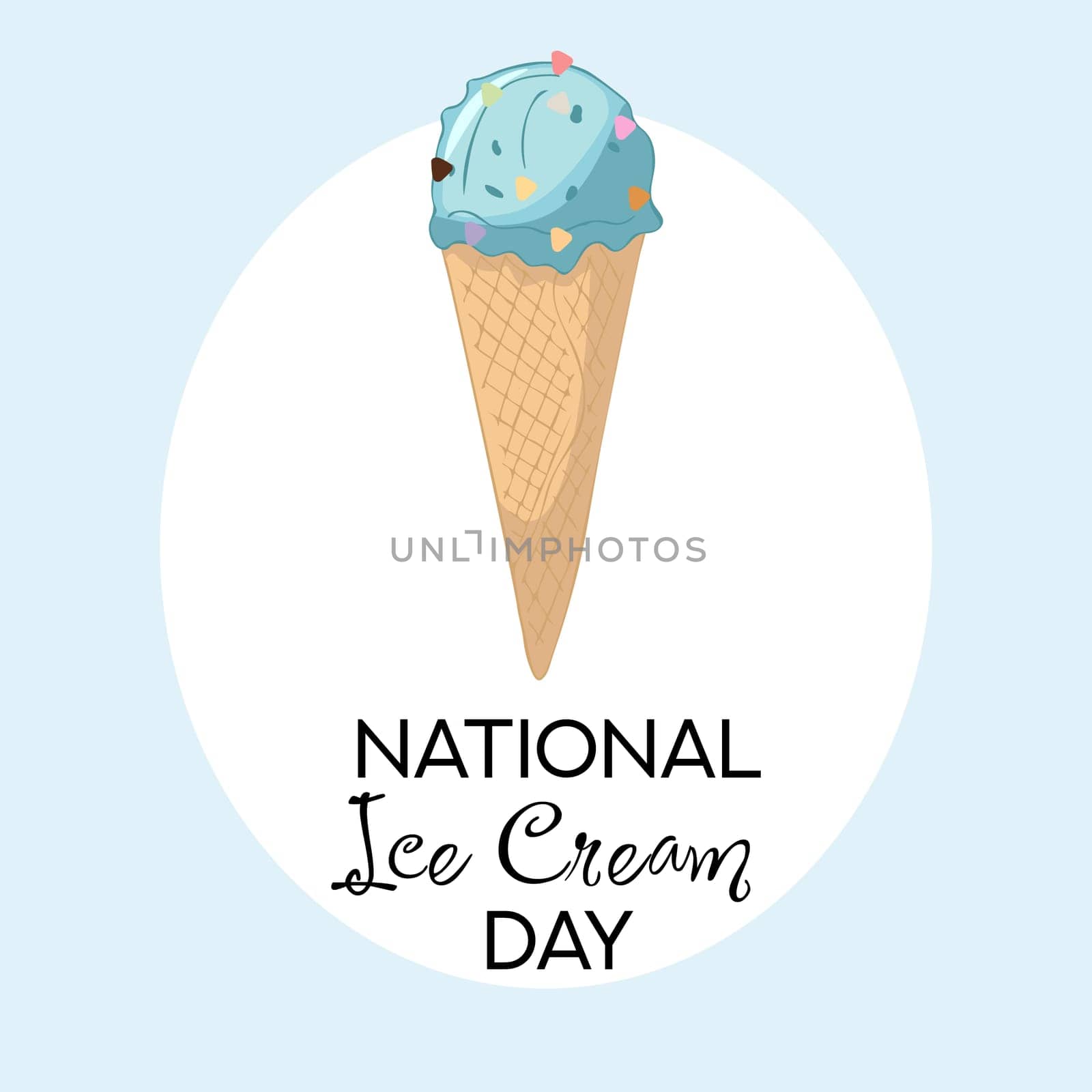 A hand-drawn, windy illustration of fruit ice cream in a waffle cone. Happy National Ice Cream Day card