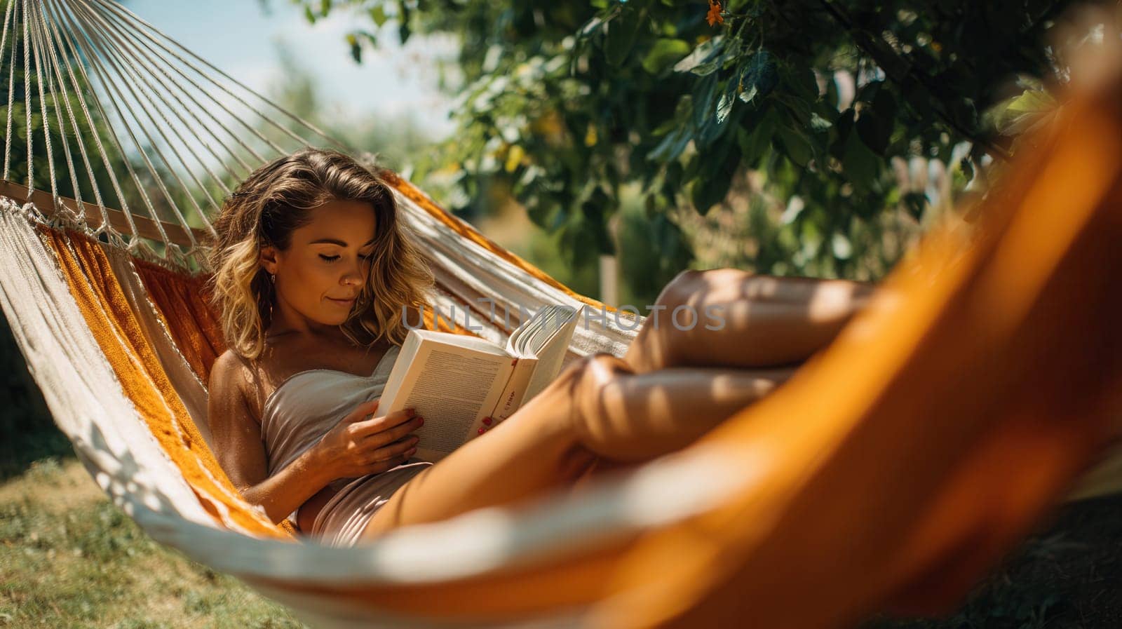 A young woman enjoying a book while resting in a striped hammock on a sunny summer day. Great for themes like vacation, relaxation, mindful living, and cozy outdoor lifestyle
