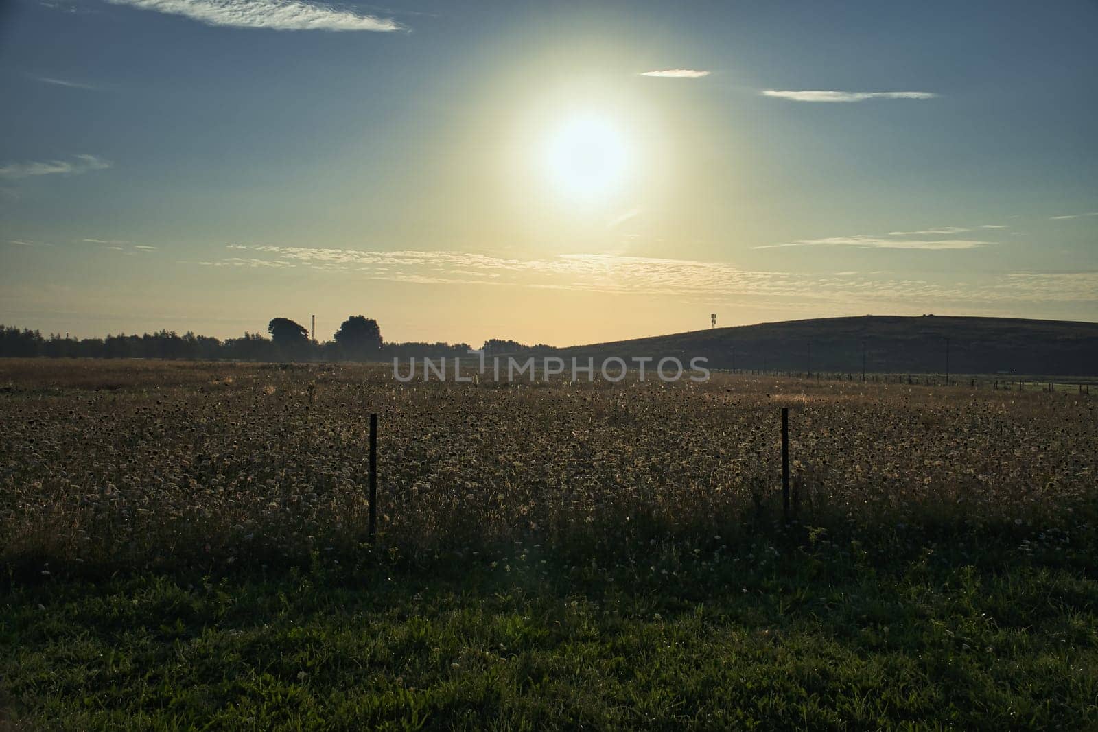 Sunset over a wide field with rolling hills in the background, a wooden fence in the foreground. Warm mood lighting and silhouettes emphasize the landscape.