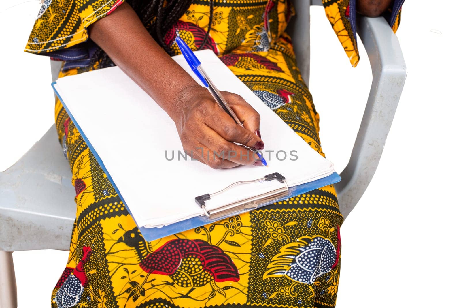 businesswoman hand sitting writing on report paper