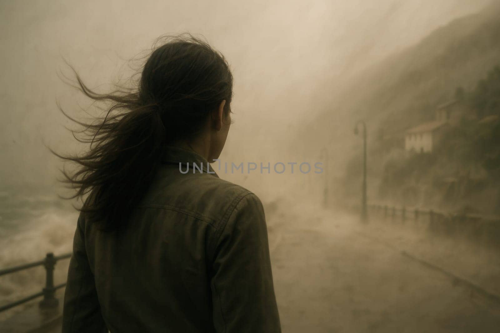 A woman stands facing stormy weather on a foggy coastal path, her hair blowing in the wind. Perfect for dramatic storytelling, emotional narratives, or environmental concepts