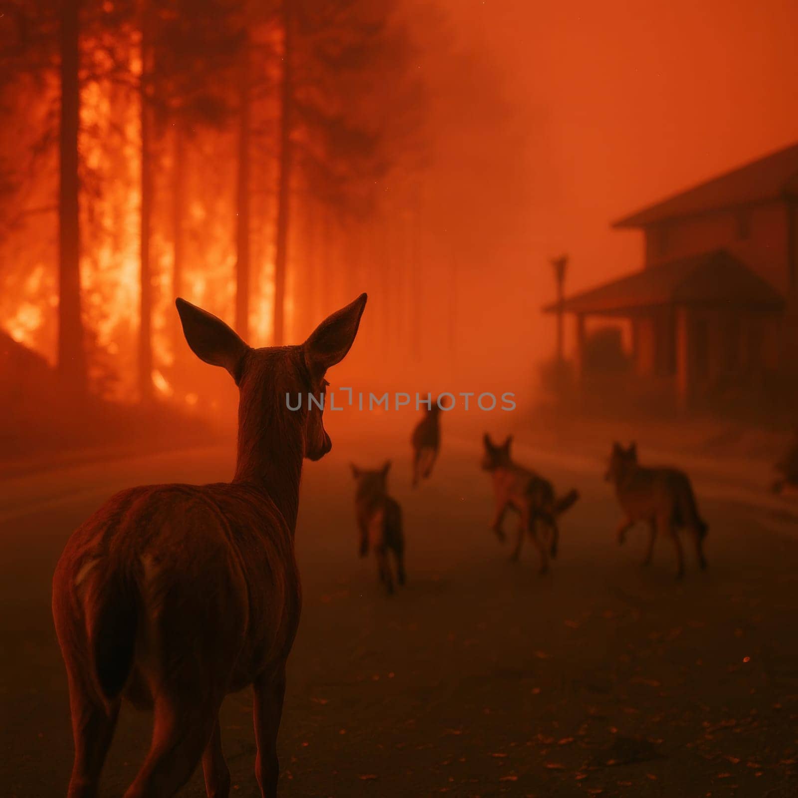 A deer and pack of coyotes run through a smoke-filled street as flames engulf nearby trees and homes. A striking image for wildlife emergencies, climate change awareness, and disaster themes
