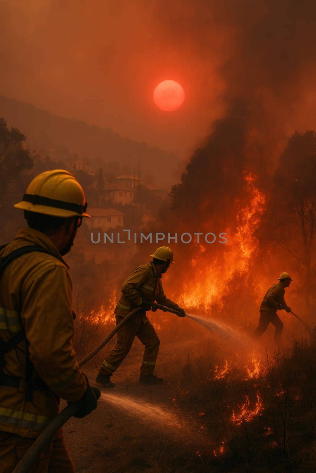 Firefighters in protective gear battle intense forest flames under a red sun and thick smoke. Powerful image for topics on wildfire response, heroism, climate change, and natural disaster action